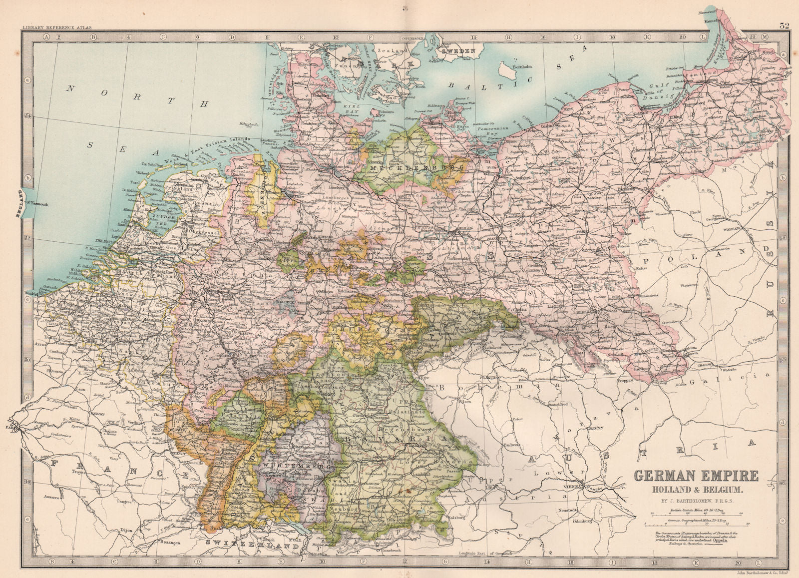 EUROPE. German Empire Holland & Belgium. BARTHOLOMEW 1890 old antique map